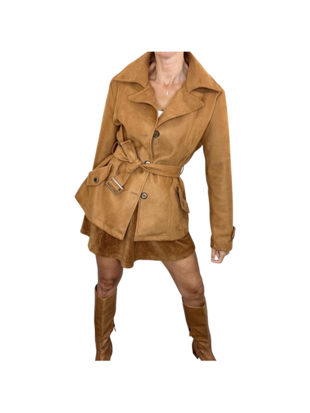 R Rosso Black Gold chestnut brown vegan suede belted short cropped trench coat L